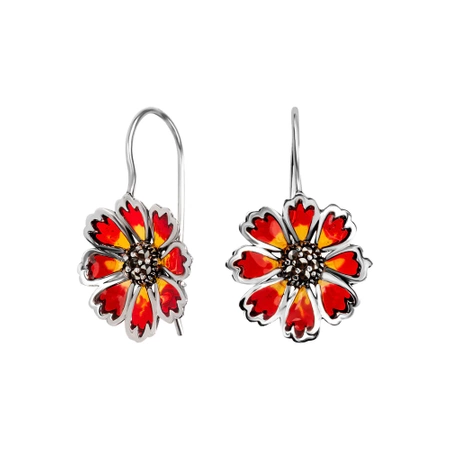 Kolczyki kwiaty srebrne czerwona emalia jubilerska markazyty