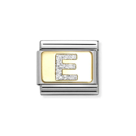 Element link do bransoletek Nomination Composable Stal + Złoto 18k litera E z brokatem