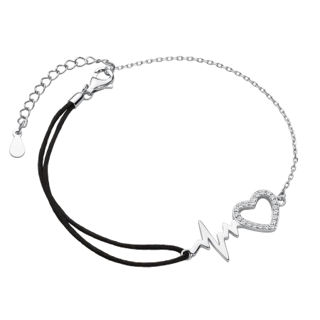 Bransoletka srebrna serce linia życia czarny sznurek