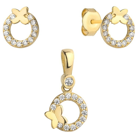 Złoty komplet kółka z cyrkoniami i motylkiem