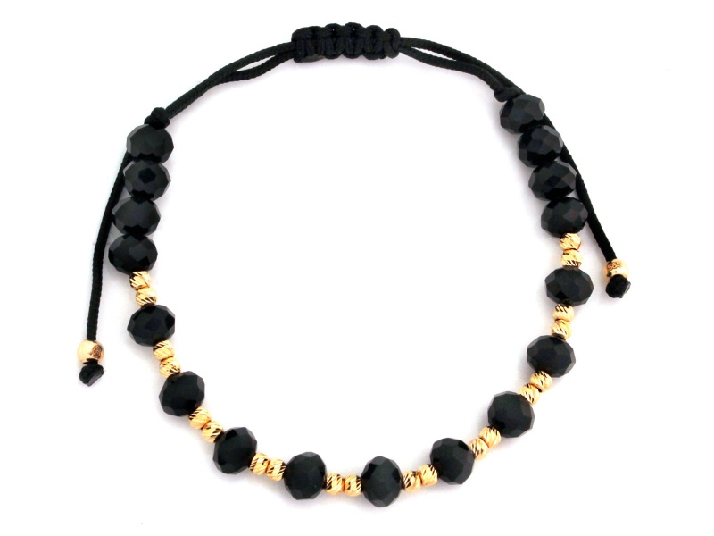 Złota bransoletka z Onyksami na czarnym sznurku