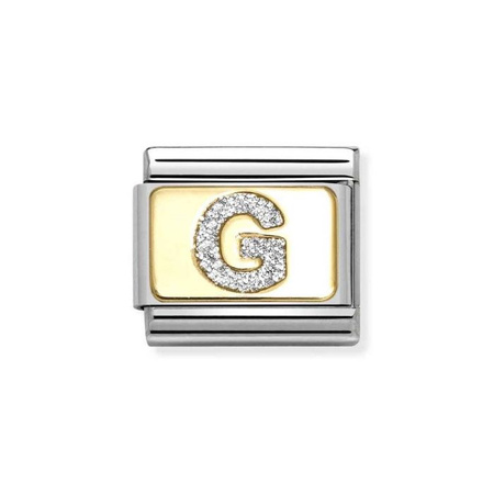 Element link do bransoletek Nomination Composable Stal + Złoto 18k litera G z brokatem