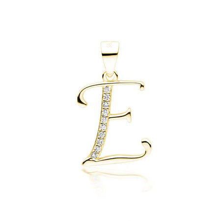 Zawieszka srebrna pozłacana litera E z cyrkoniami