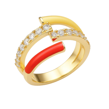 Pierścionek pozłacany emalia czerwona żółta