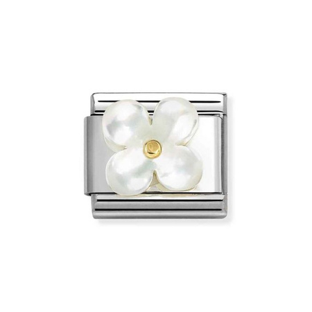 Element link do bransoletek Nomination Composable Stal + Złoto 18k Biały kwiatek z masy perłowej