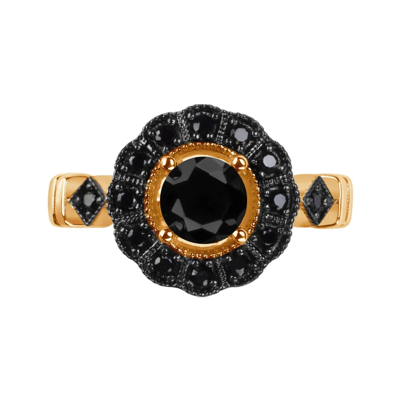 Pierścionek pozłacany z czarnymi cyrkoniami