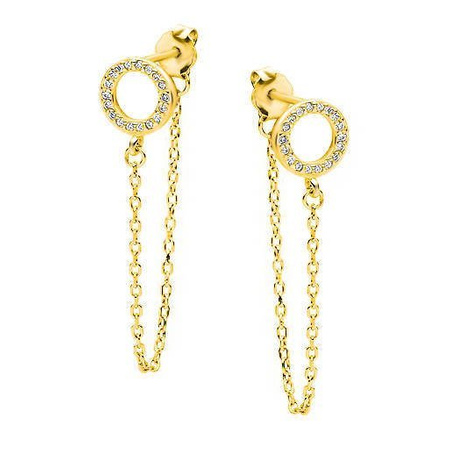 Złote kolczyki kółka z łańcuszkiem i cyrkoniami