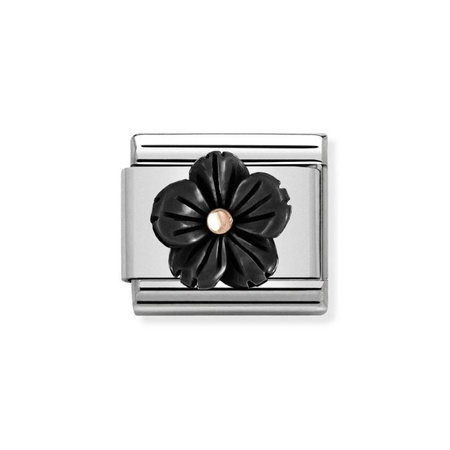 Element link do bransoletek Nomination Composable Stal + złoto różowe 9k czarny kwiatek