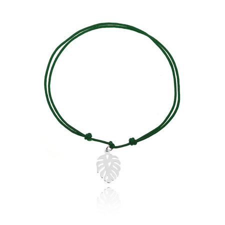 Bransoletka srebrna monstera zielony sznurek