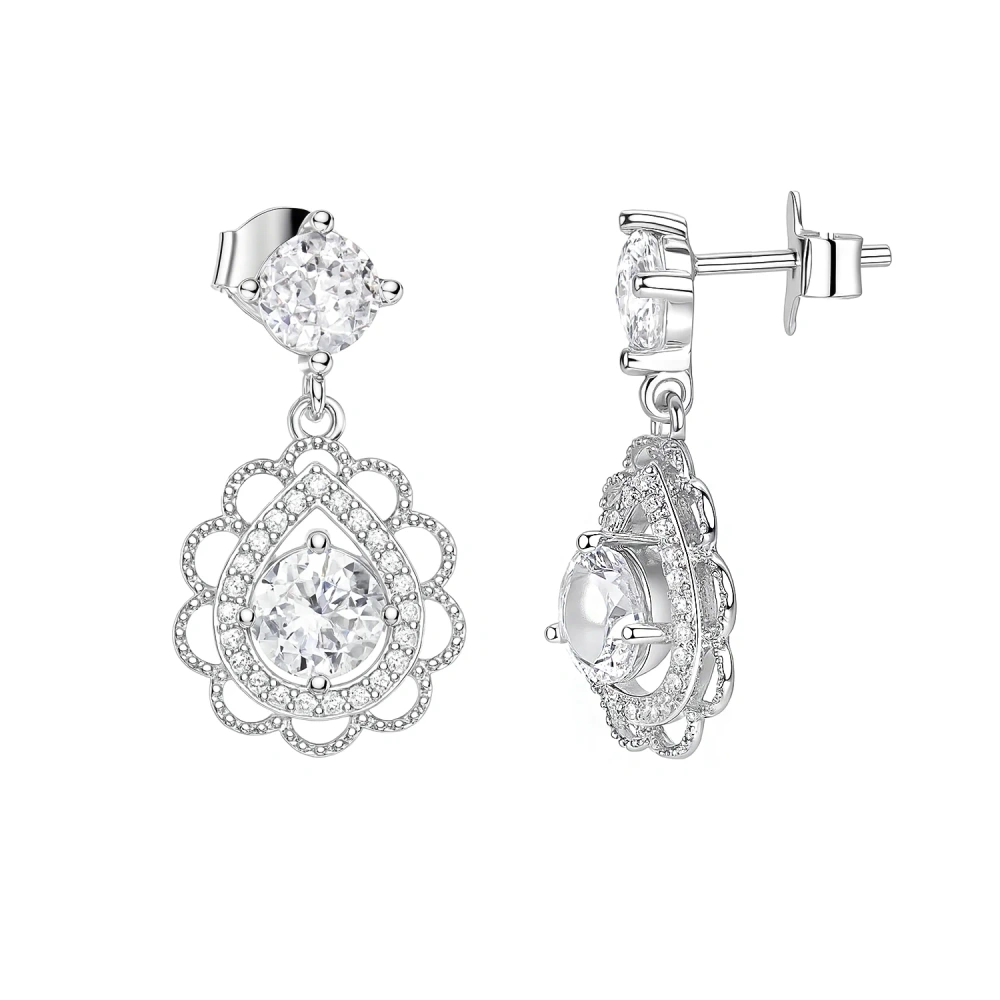 Kolczyki srebrne wiszące cyrkonie w koronkowej oprawie