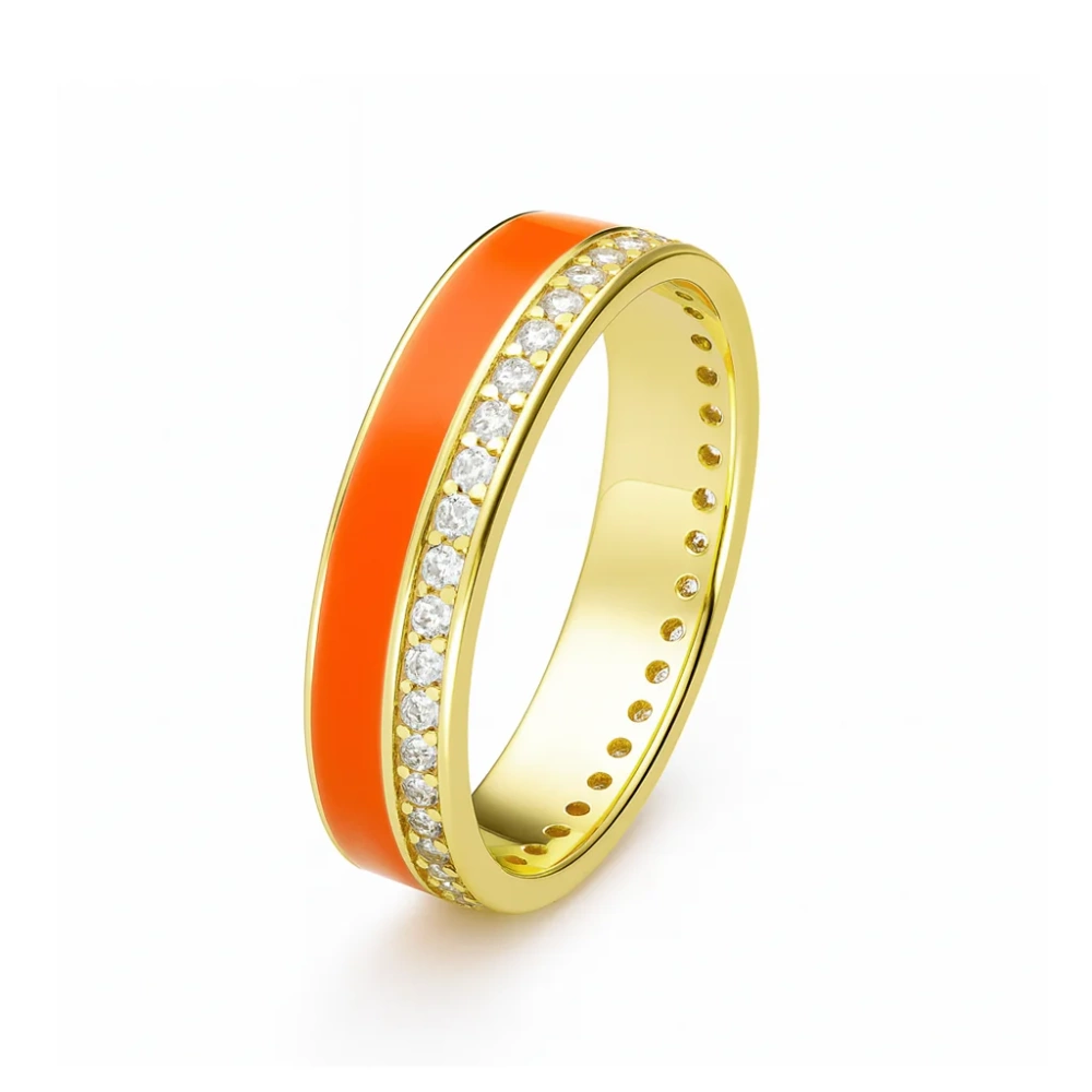 Obrączka pozłacana z pomarańczową emalią cyrkonie