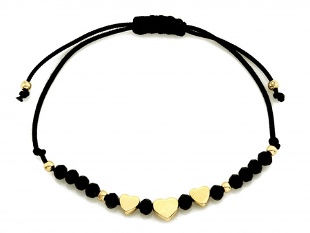 Złota bransoletka serca z Onyksami na czarnym sznurku