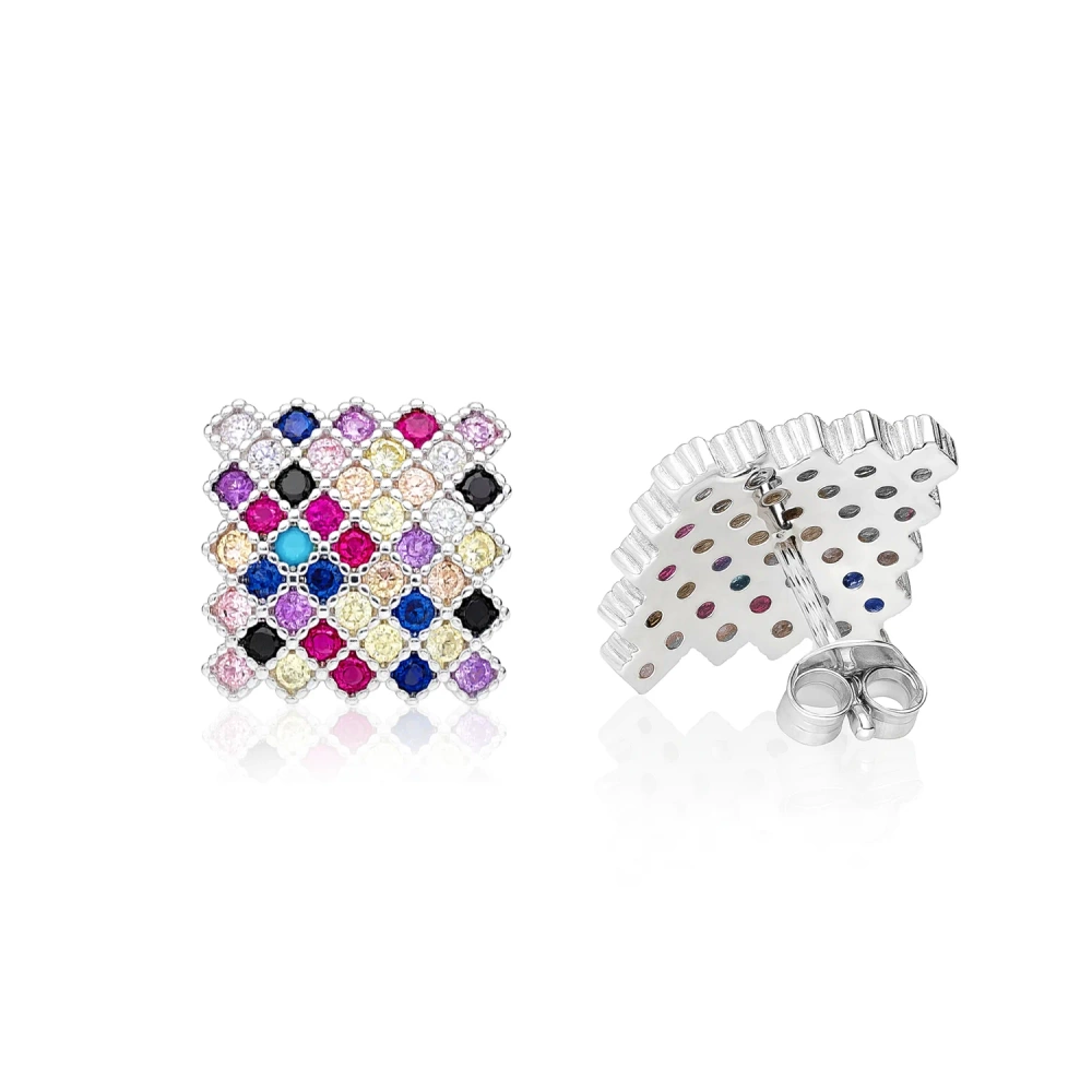 Kolczyki srebrne kwadraty cyrkoniami multikolor