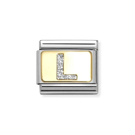 Element link do bransoletek Nomination Composable Stal + Złoto 18k litera L z brokatem