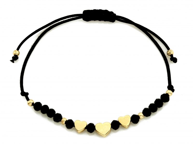 Złota bransoletka serca z Onyksami na czarnym sznurku