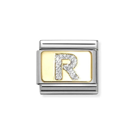 Element link do bransoletek Nomination Composable Stal + Złoto 18k litera R z brokatem