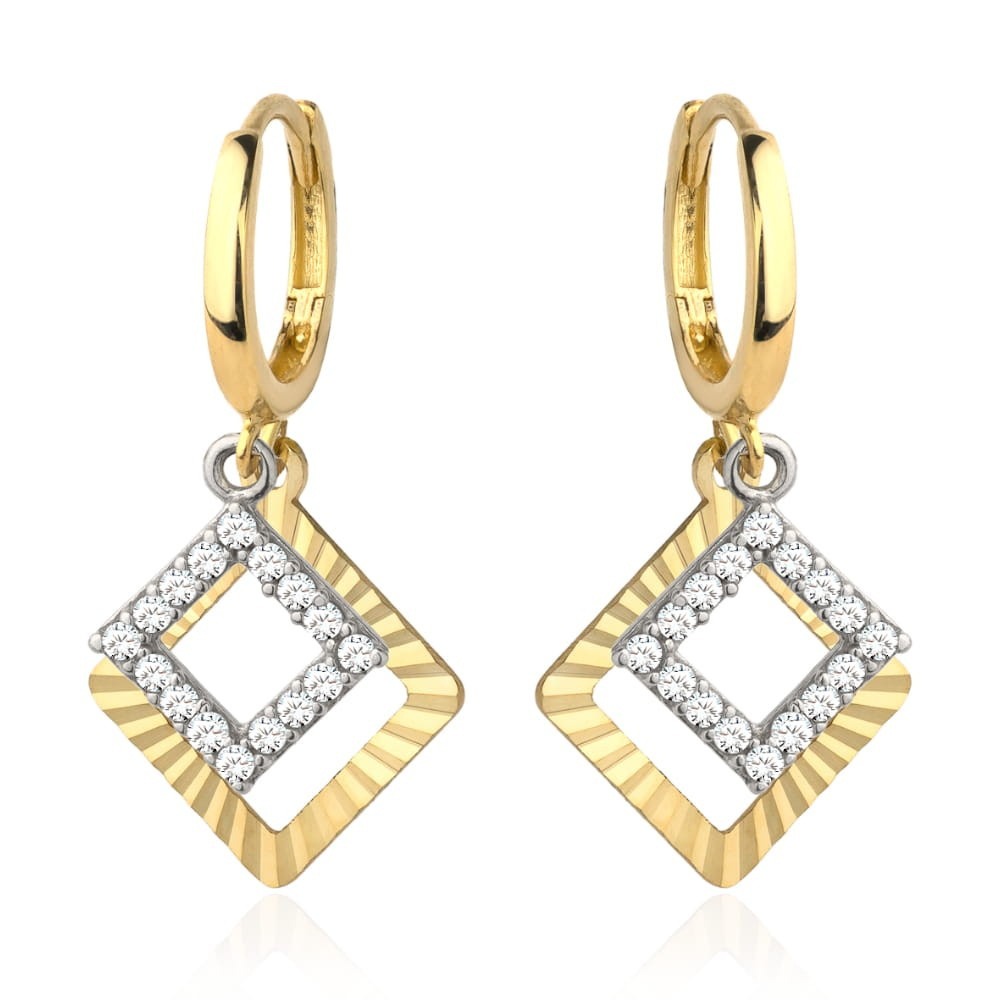 Kolczyki dwa kwadraciki diamentowany i wysadzany cyrkoniami na kreolu