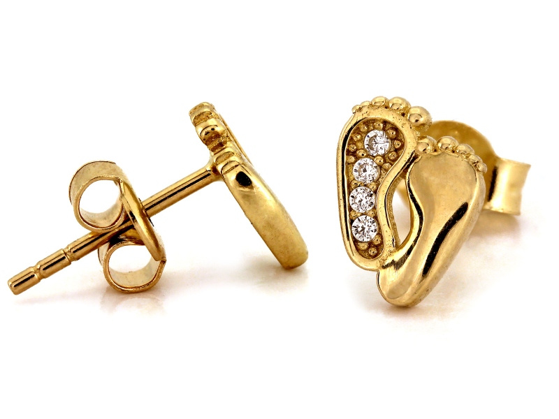 Złote kolczyki stópki dziecięce z cyrkoniami