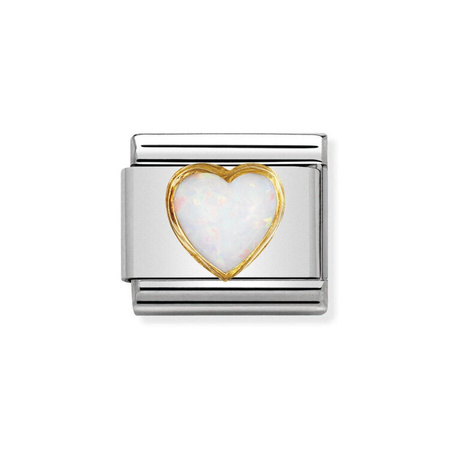 Element link do bransoletek Nomination Composable Stal + Złoto 18k serce biały opal