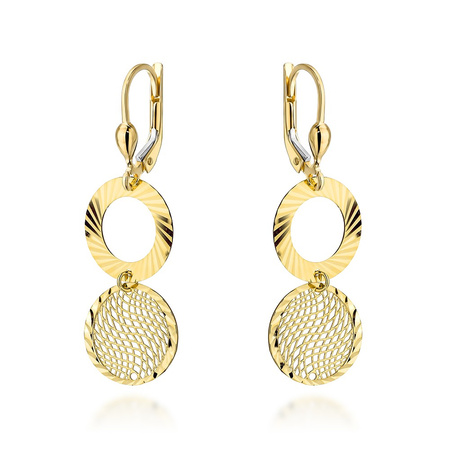 Kolczyki złote wiszące diamentowany ring i ażurowe kółko