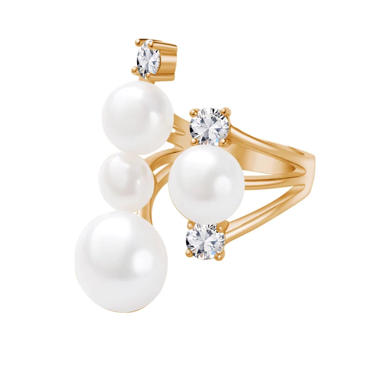 Pierścionek srebro pozłacane perły naturalne z cyrkoniami