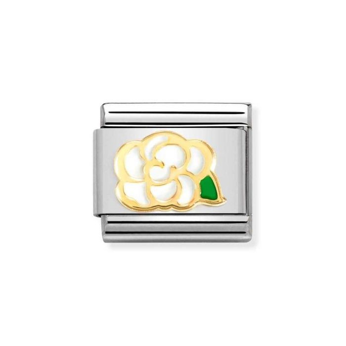 Element link do bransoletek Nomination Composable Stal + złoto 18k biały kwiatek 