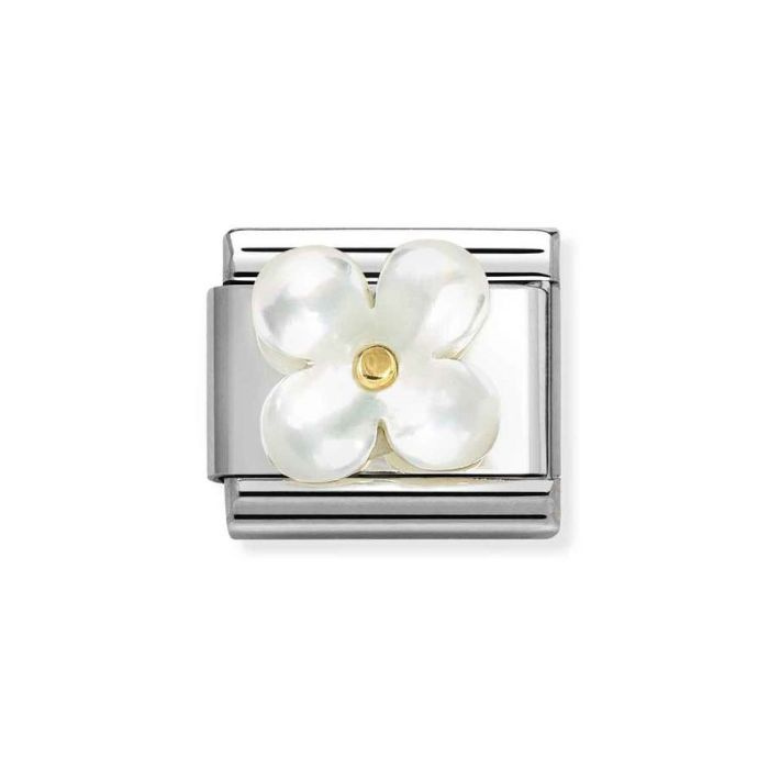 Element link do bransoletek Nomination Composable Stal + Złoto 18k Biały kwiatek z masy perłowej