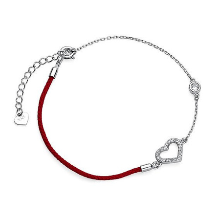 Srebrna bransoletka sznurek serce z cyrkoniami