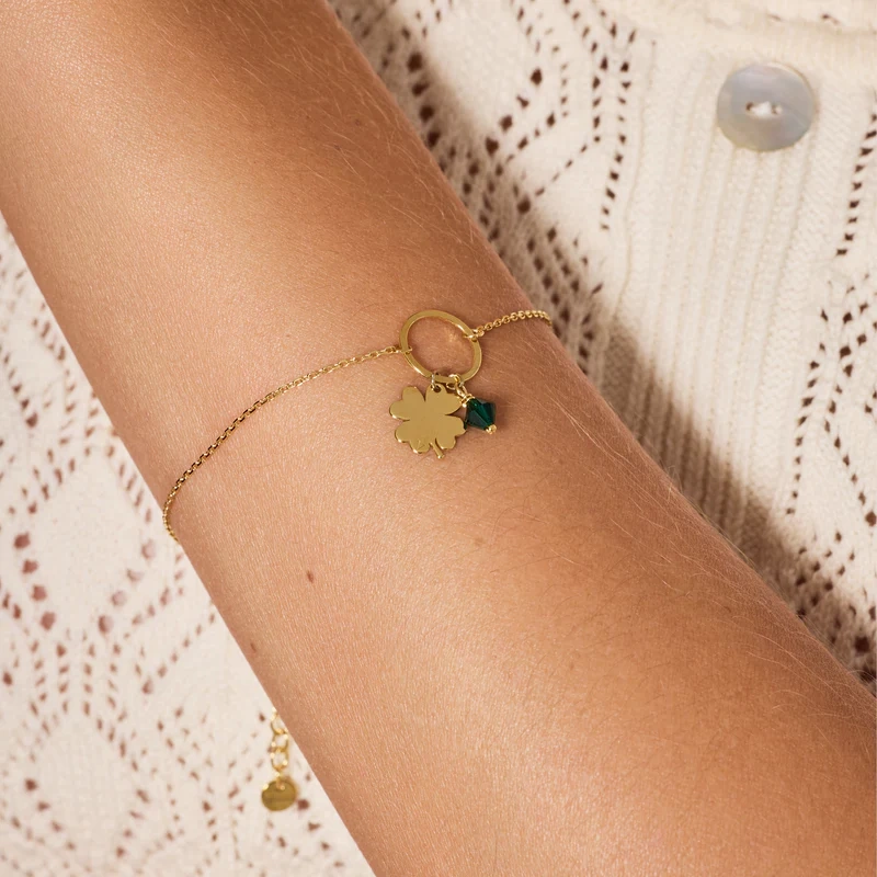 Bransoletka pozłacana koniczyna z zieloną cyrkonia