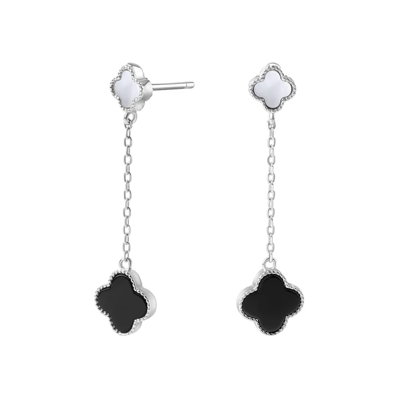 Kolczyki srebrne koniczynki z onyksem i masą perłową