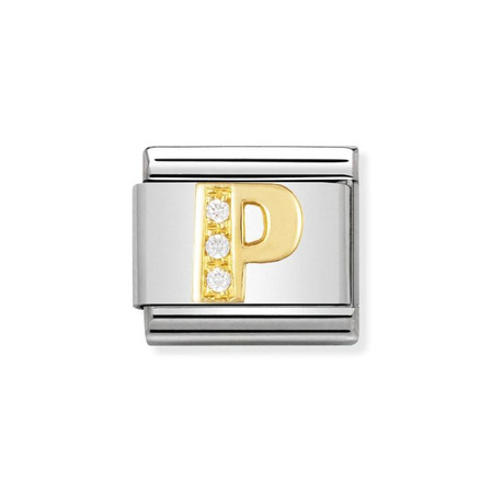 Element link do bransoletek Nomination Composable Stal + Złoto 18k litera P cyrkonie