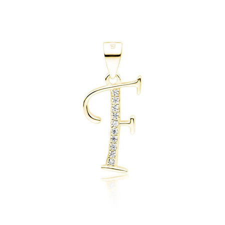 Zawieszka srebrna pozłacana litera F z cyrkoniami