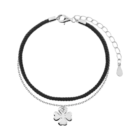 Bransoletka srebrna koniczyna czarny sznurek