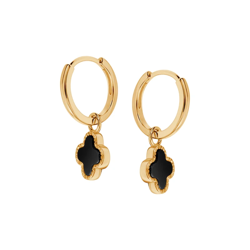 Kolczyki pozłacane koniczynki wiszace z czarną emalią