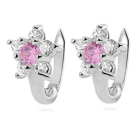 Srebrne kolczyki, kwiatek z różową cyrkonią