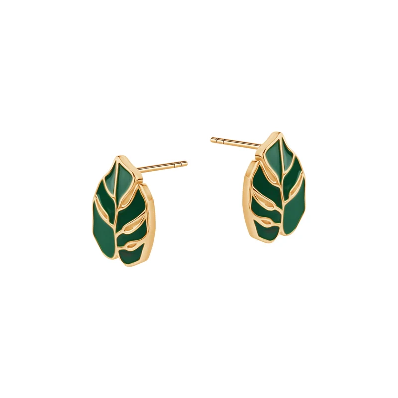 Kolczyki pozłacane monstera zielona emalia