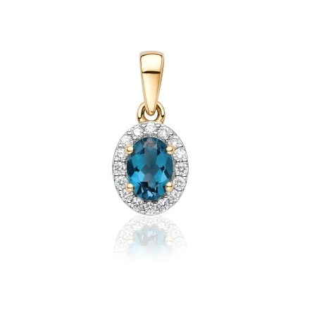 Złota zawieszka topaz london blue z diamentami