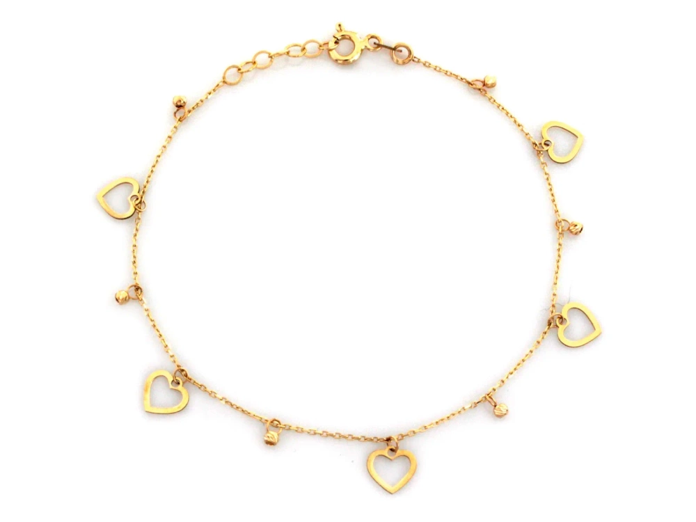 Złota bransoletka z kuleczkami i serduszkami
