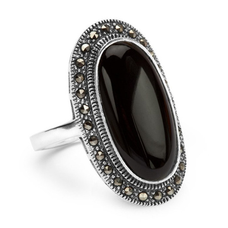 Srebrny pierścień z onyksem i markazytami