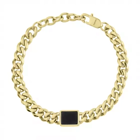 Bransoletka męska stal pancerka pozłacana z czarnym agatem