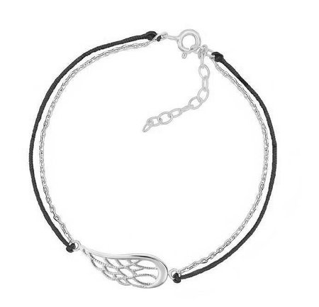 Bransoletka srebrna skrzydło czarny sznurek