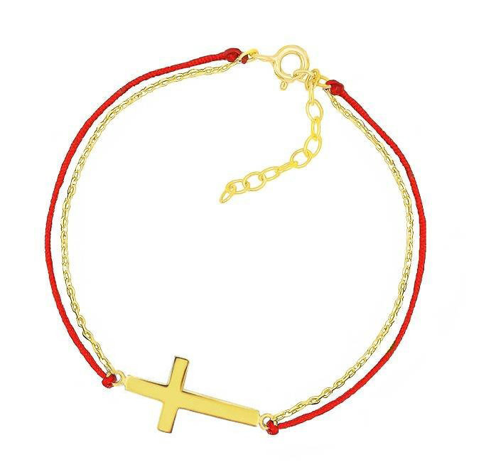 Bransoletka pozłacana krzyż czerwony sznurek z łańcuszkiem