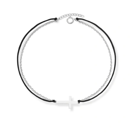 Bransoletka srebrna krzyżyk z czarnym sznurkiem