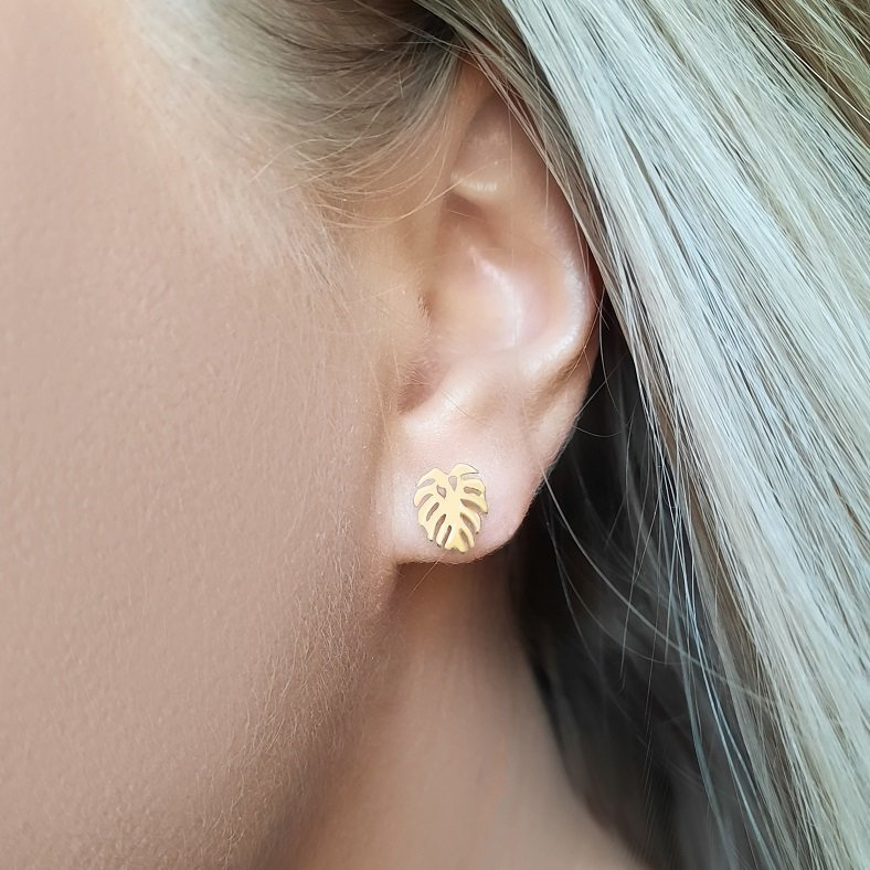 Kolczyki pozłacane liść monstery