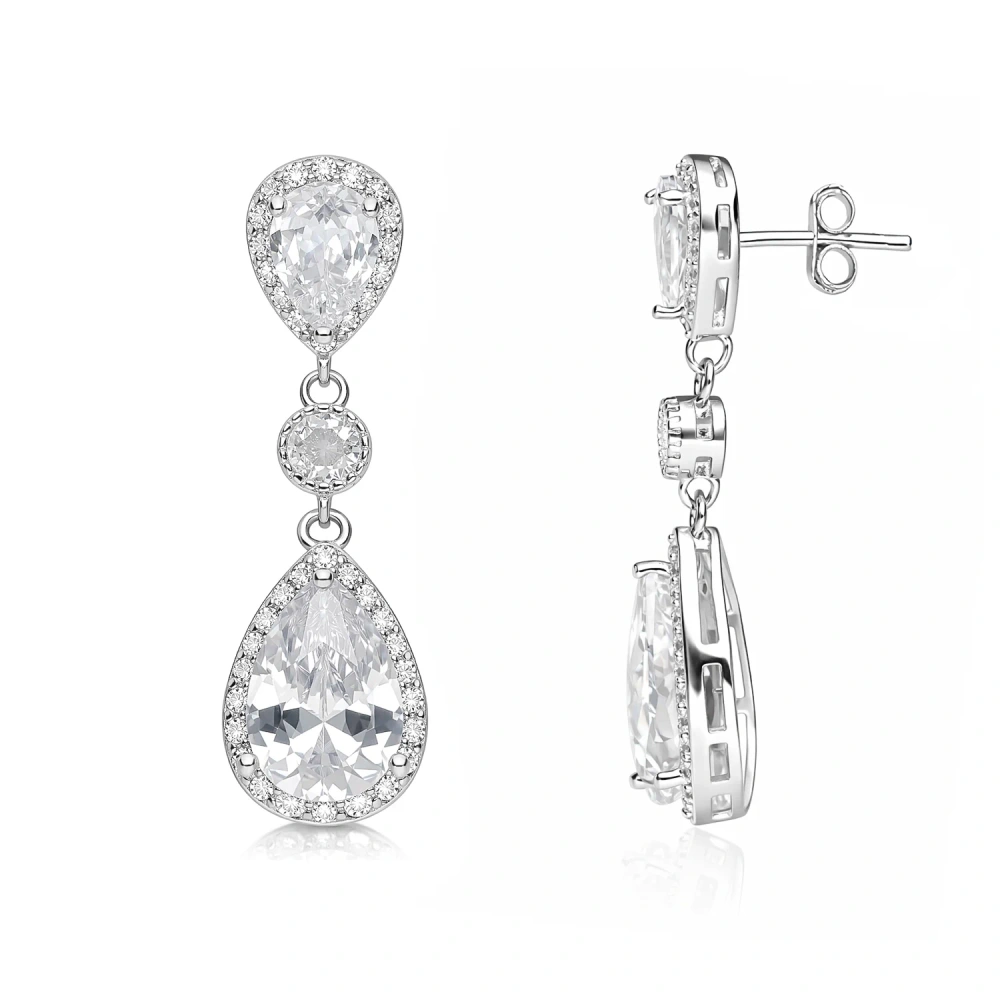 Srebrne kolczyki wieczorowe wiszące z cyrkoniami