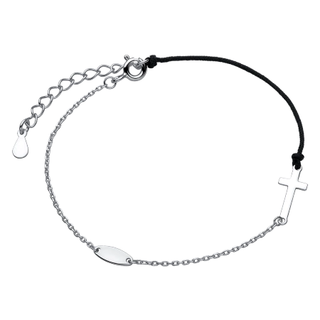 Bransoletka srebrna z czarnym sznurkiem -  krzyż
