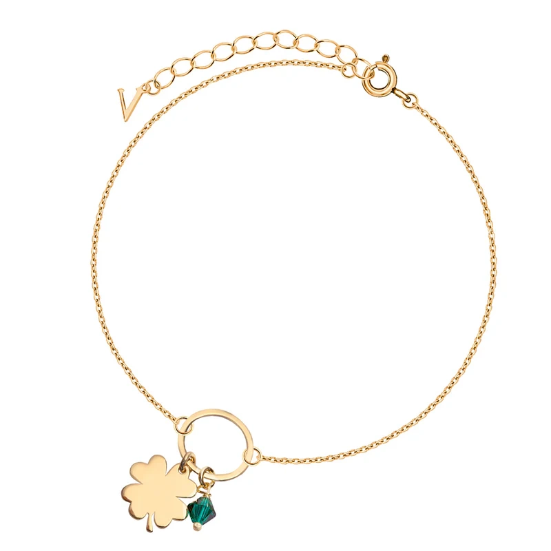 Bransoletka pozłacana koniczyna z zieloną cyrkonia