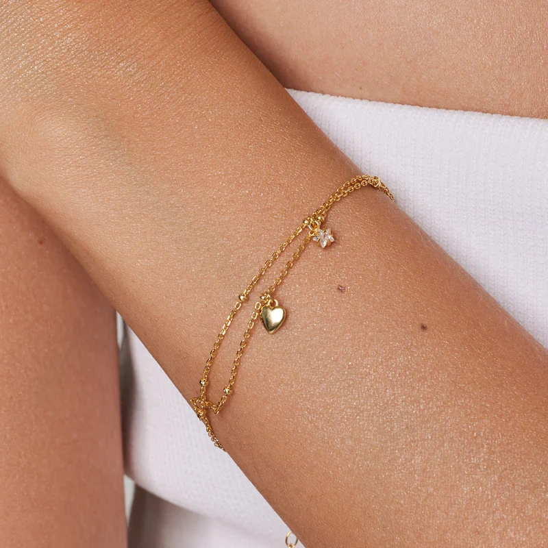 Bransoletka pozłacana z serduszkiem i cyrkoniami