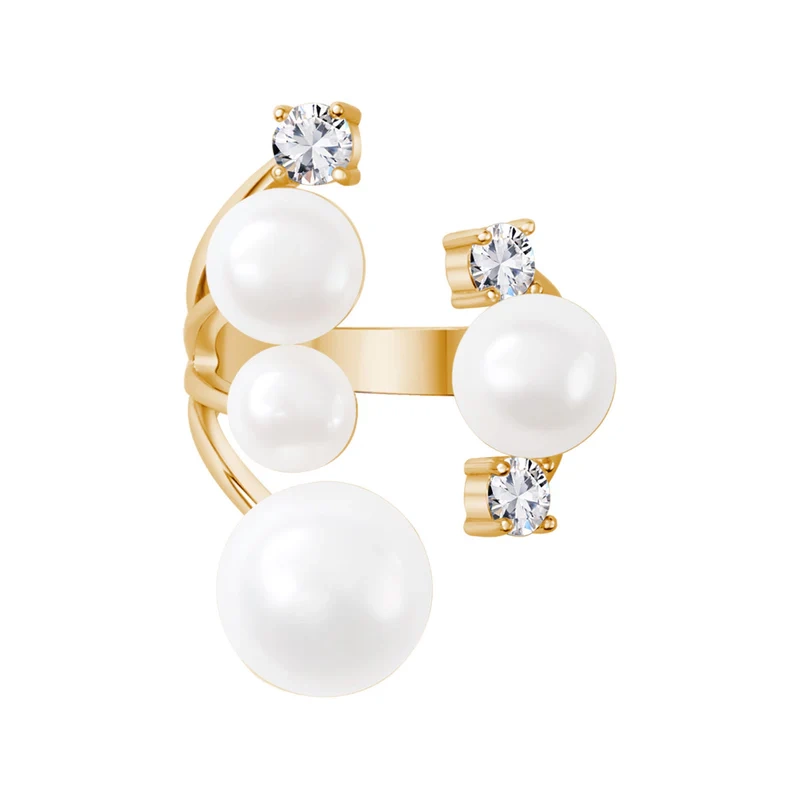 Pierścionek srebro pozłacane perły naturalne z cyrkoniami