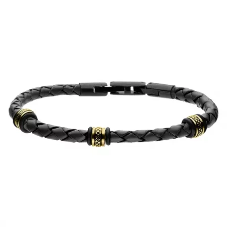 Męska bransoletka rzemień stal szlachetna pozłacana